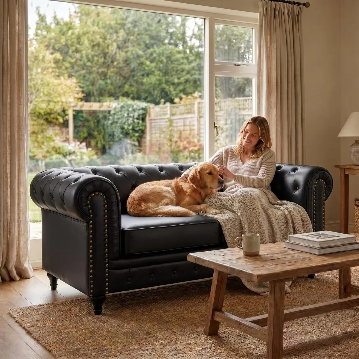 Bargainia Faux Leather Chesterfield Two-Seater Sofa - Black - Black – image 2