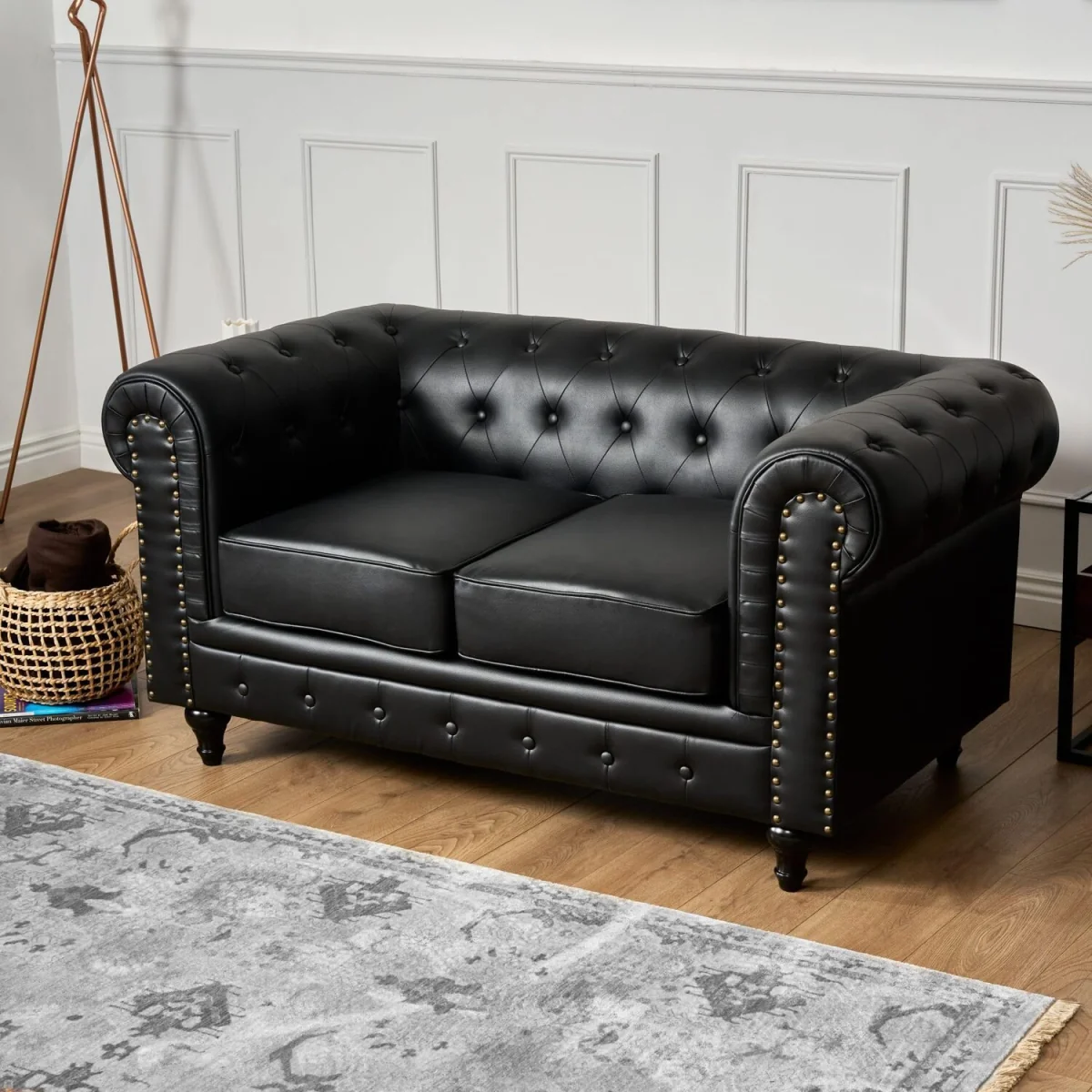 Bargainia Faux Leather Chesterfield Two-Seater Sofa - Black - Black – image 3