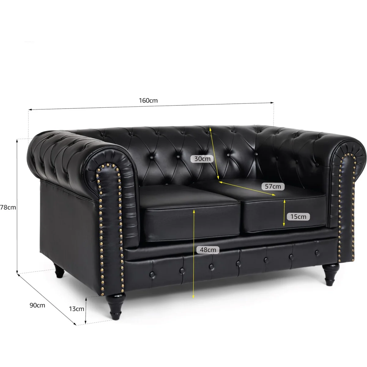 Bargainia Faux Leather Chesterfield Two-Seater Sofa - Black - Black – image 7