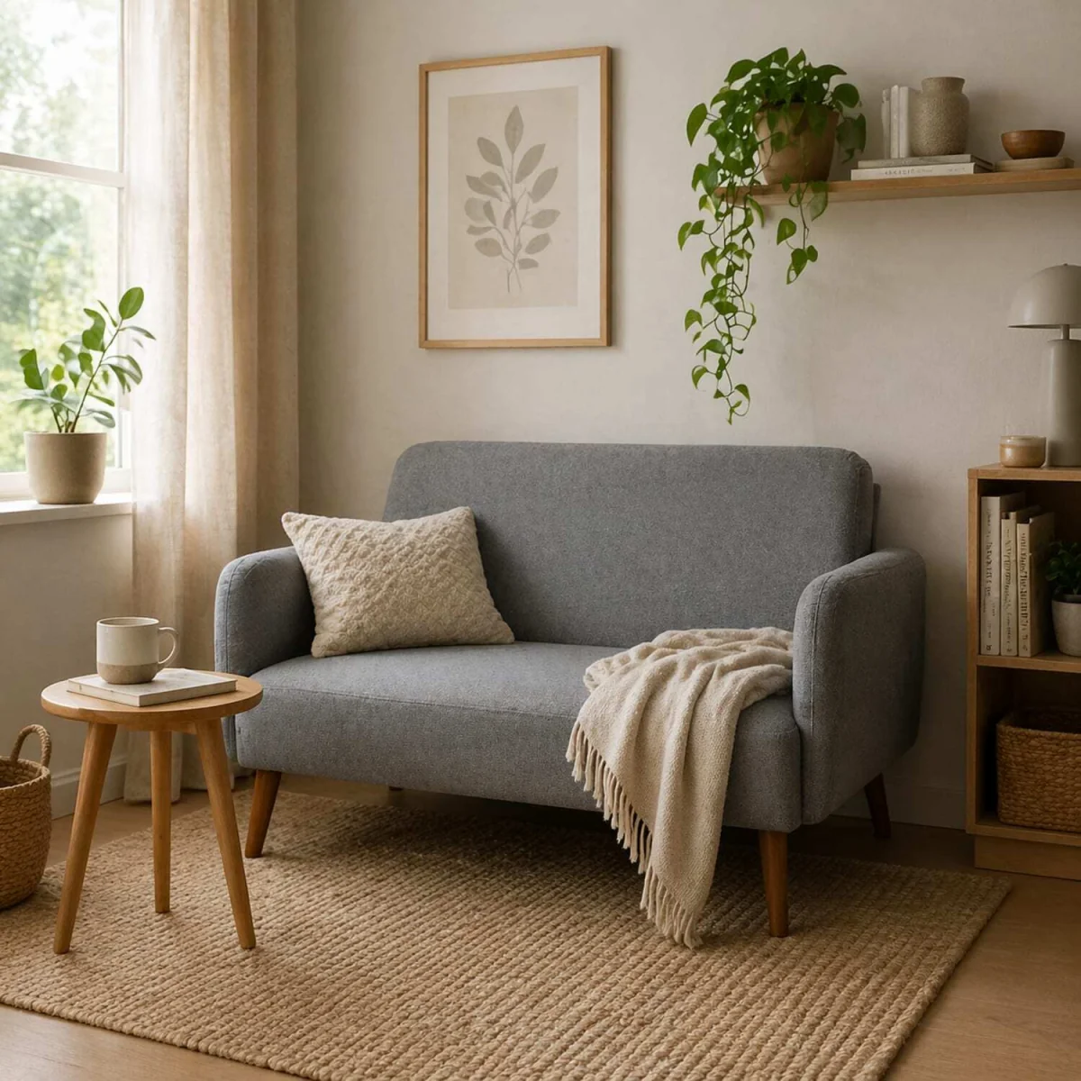 Midi Tami Grey Velvet Compact 2-Seater Sofa, Extra-Thick Padding, Wooden Legs – image 1