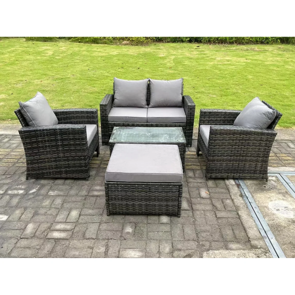 5 Seater High Back Rattan Sofa Set Rectangular Coffee Table - Dark Grey Mixed – image 2