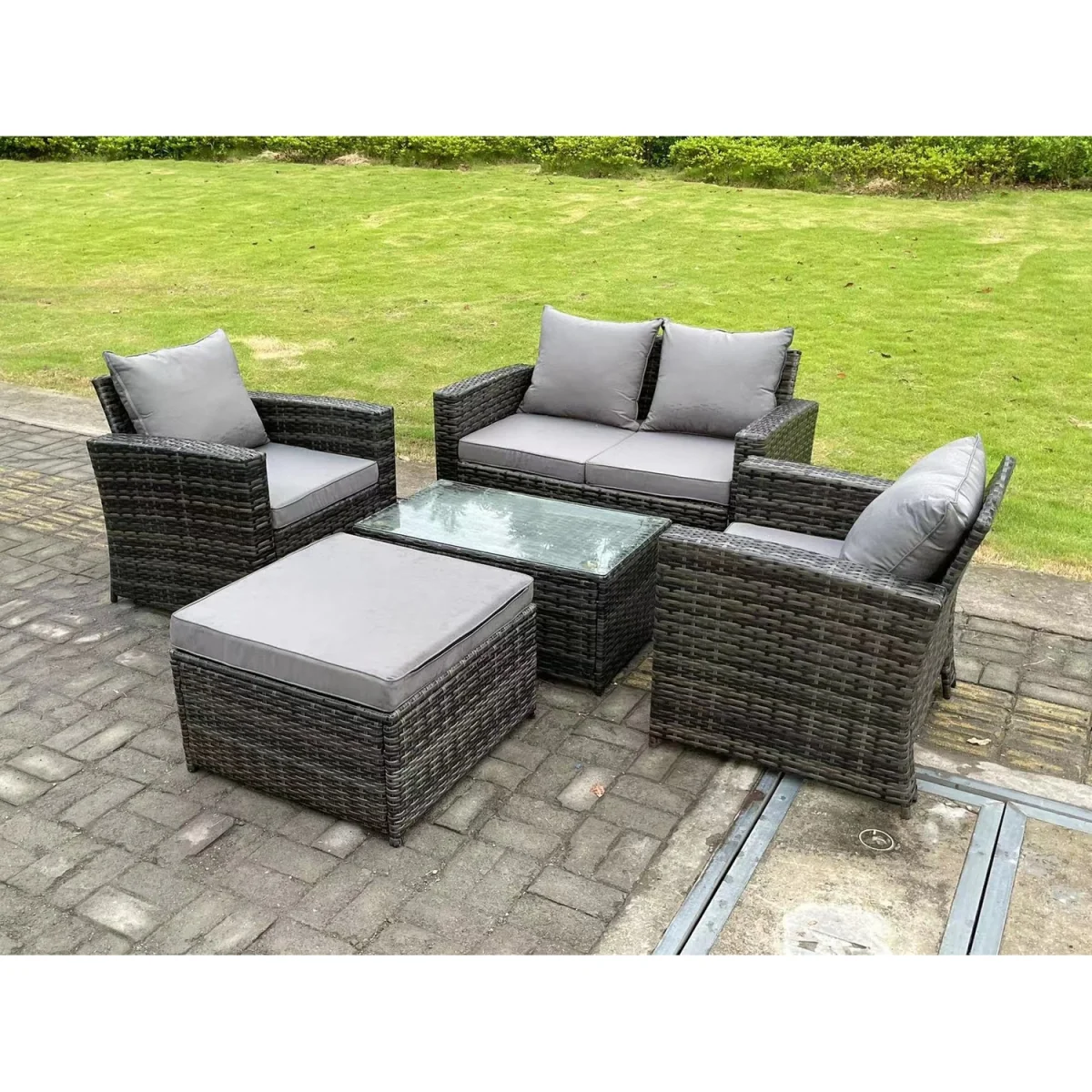 5 Seater High Back Rattan Sofa Set Rectangular Coffee Table - Dark Grey Mixed – image 3