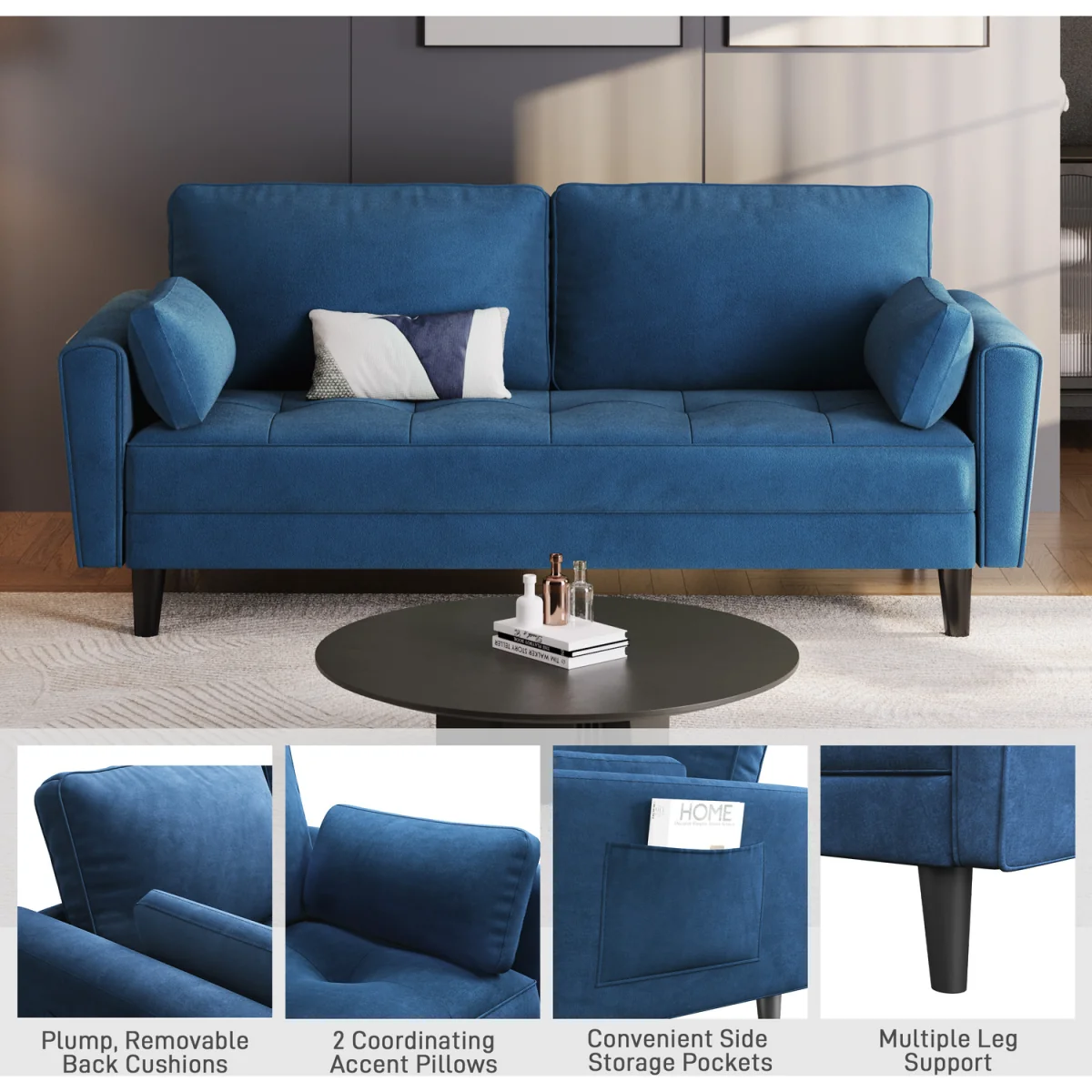Yaheetech 2 Seater Upholstered Sofa Couch with 2 Pillows - Blue – image 2