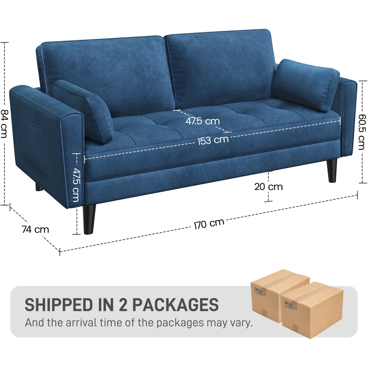 Yaheetech 2 Seater Upholstered Sofa Couch with 2 Pillows - Blue – image 4