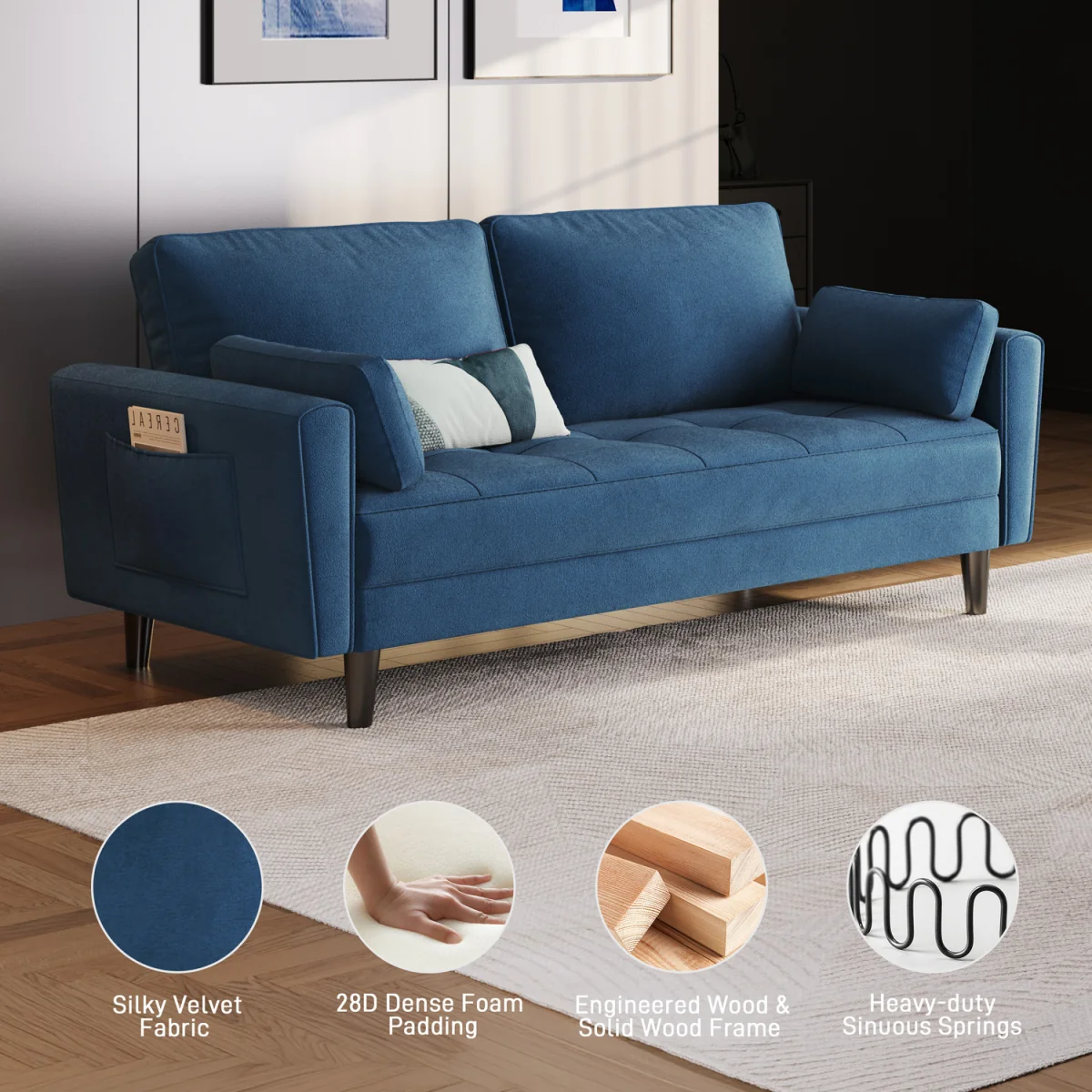 Yaheetech 2 Seater Upholstered Sofa Couch with 2 Pillows - Blue – image 5