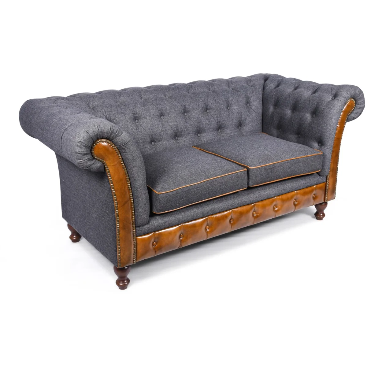 Chesterfield Genuine Real Brown Tan Leather Grey Blue Fabric 2 Seater Sofa Couch Solid Hard Wood - Grey – image 3