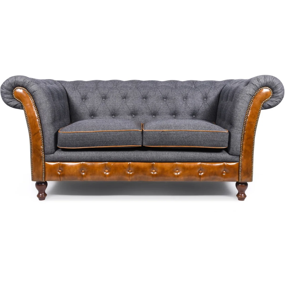 Chesterfield Genuine Real Brown Tan Leather Grey Blue Fabric 2 Seater Sofa Couch Solid Hard Wood - Grey – image 4