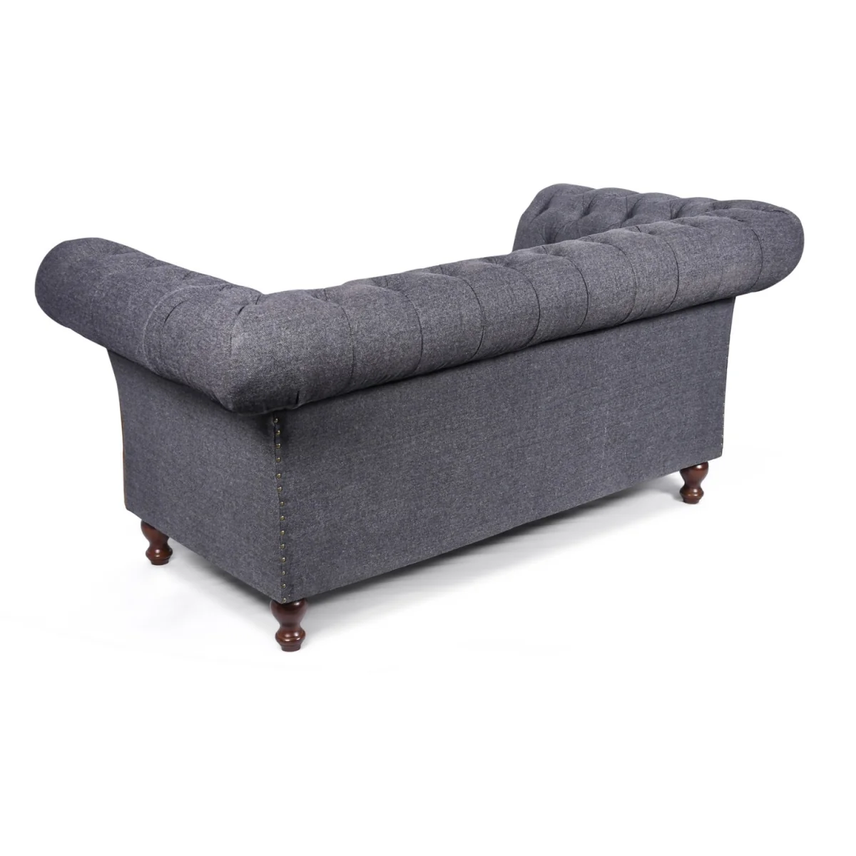 Chesterfield Genuine Real Brown Tan Leather Grey Blue Fabric 2 Seater Sofa Couch Solid Hard Wood - Grey – image 5