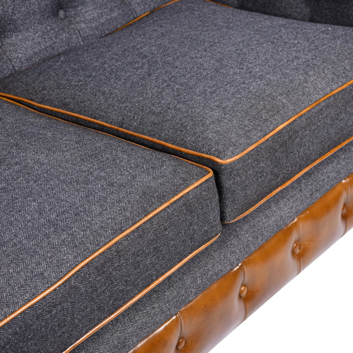 Chesterfield Genuine Real Brown Tan Leather Grey Blue Fabric 2 Seater Sofa Couch Solid Hard Wood - Grey – image 7
