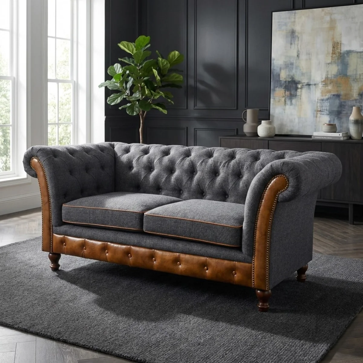 Chesterfield Genuine Real Brown Tan Leather Grey Blue Fabric 2 Seater Sofa Couch Solid Hard Wood - Grey – image 1