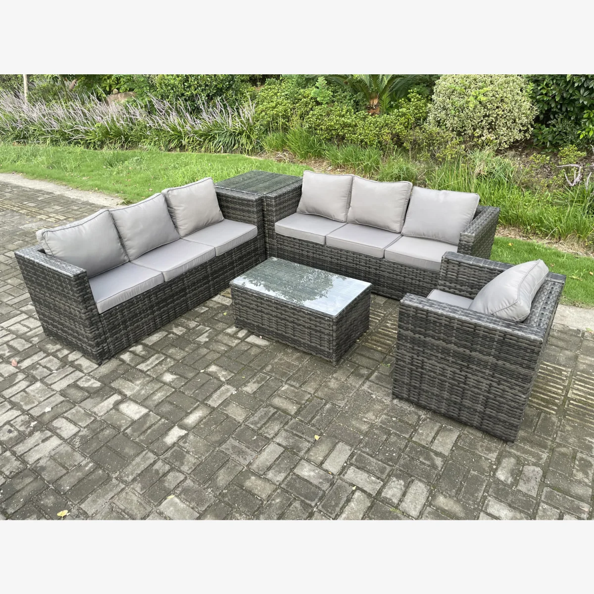 Fimous Rattan Patio Sofa Set with Armchair, Side Table & Coffee Table - Dark Grey – image 1