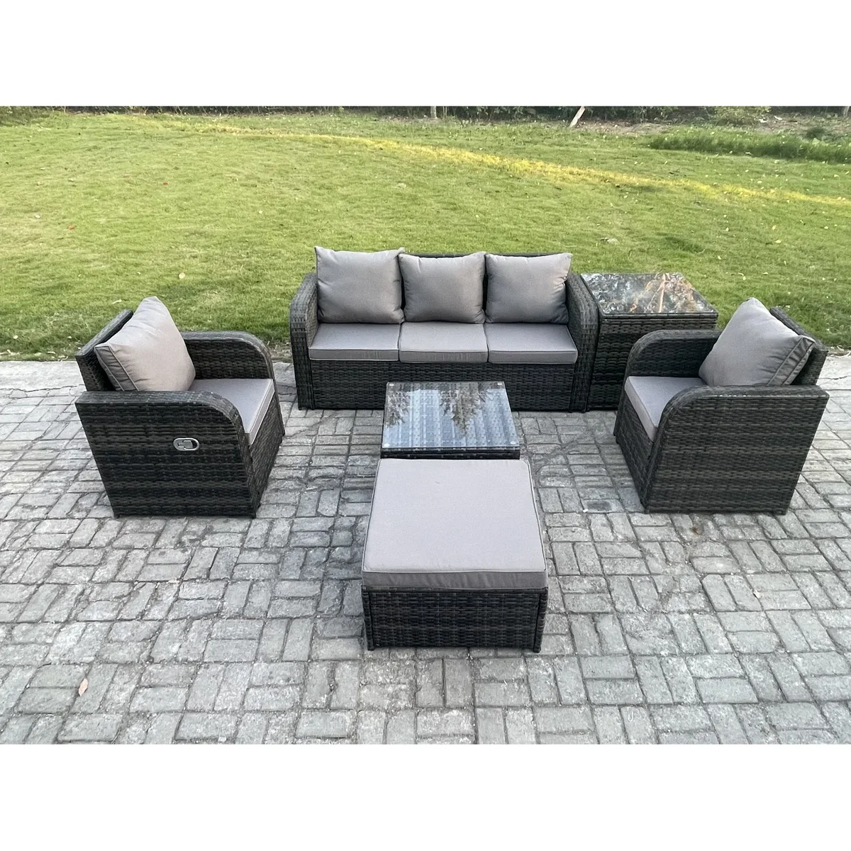 Fimous 6-Seater Wicker Rattan Patio Sofa Set with Reclining Chairs and Footstool. - Dark Grey Mixed – image 5