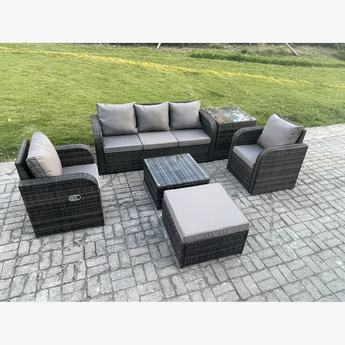 Fimous 6-Seater Wicker Rattan Patio Sofa Set with Reclining Chairs and Footstool. - Dark Grey Mixed – image 1