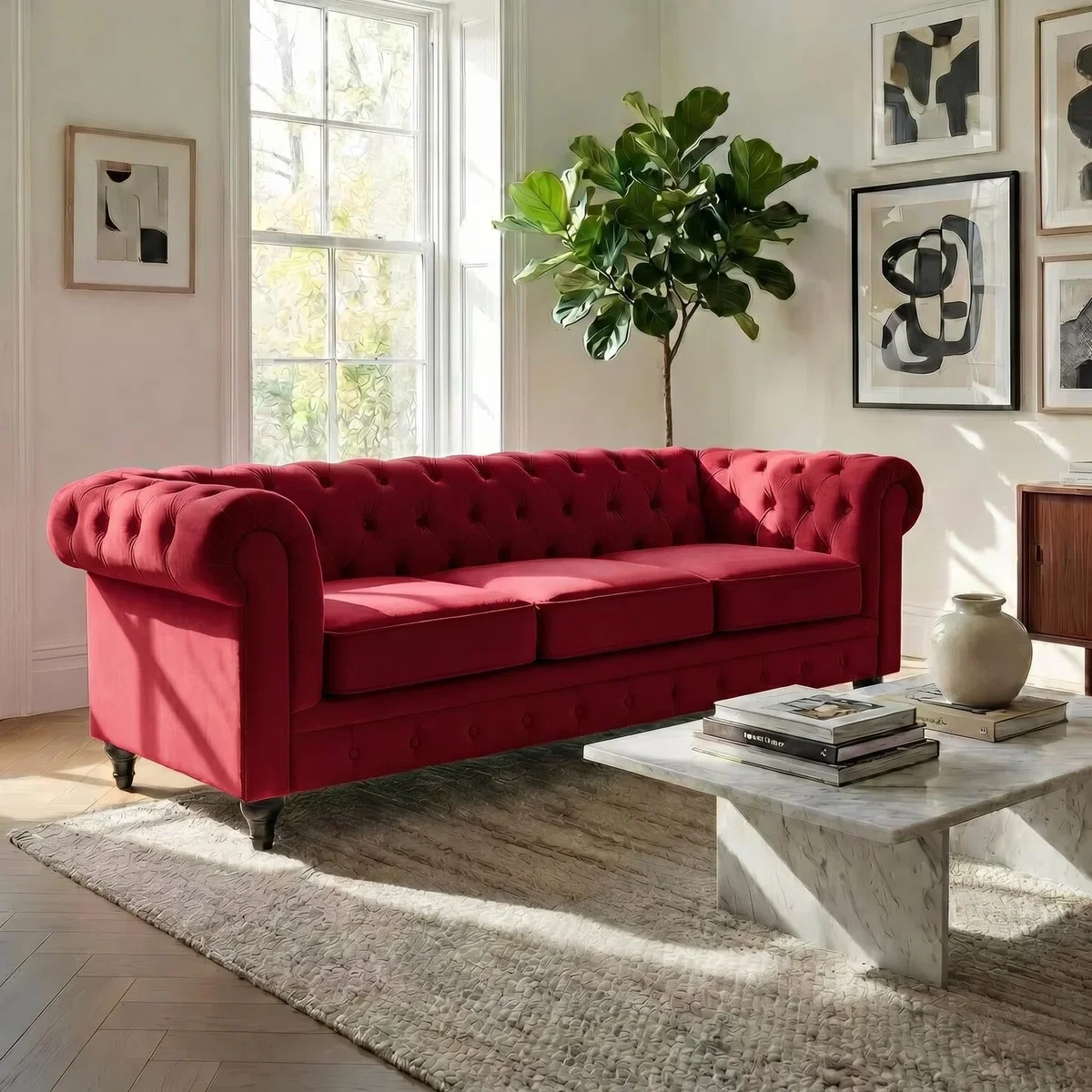 Chesterfield Scroll Arm Velvet Sofa - Wine / 3 – image 2