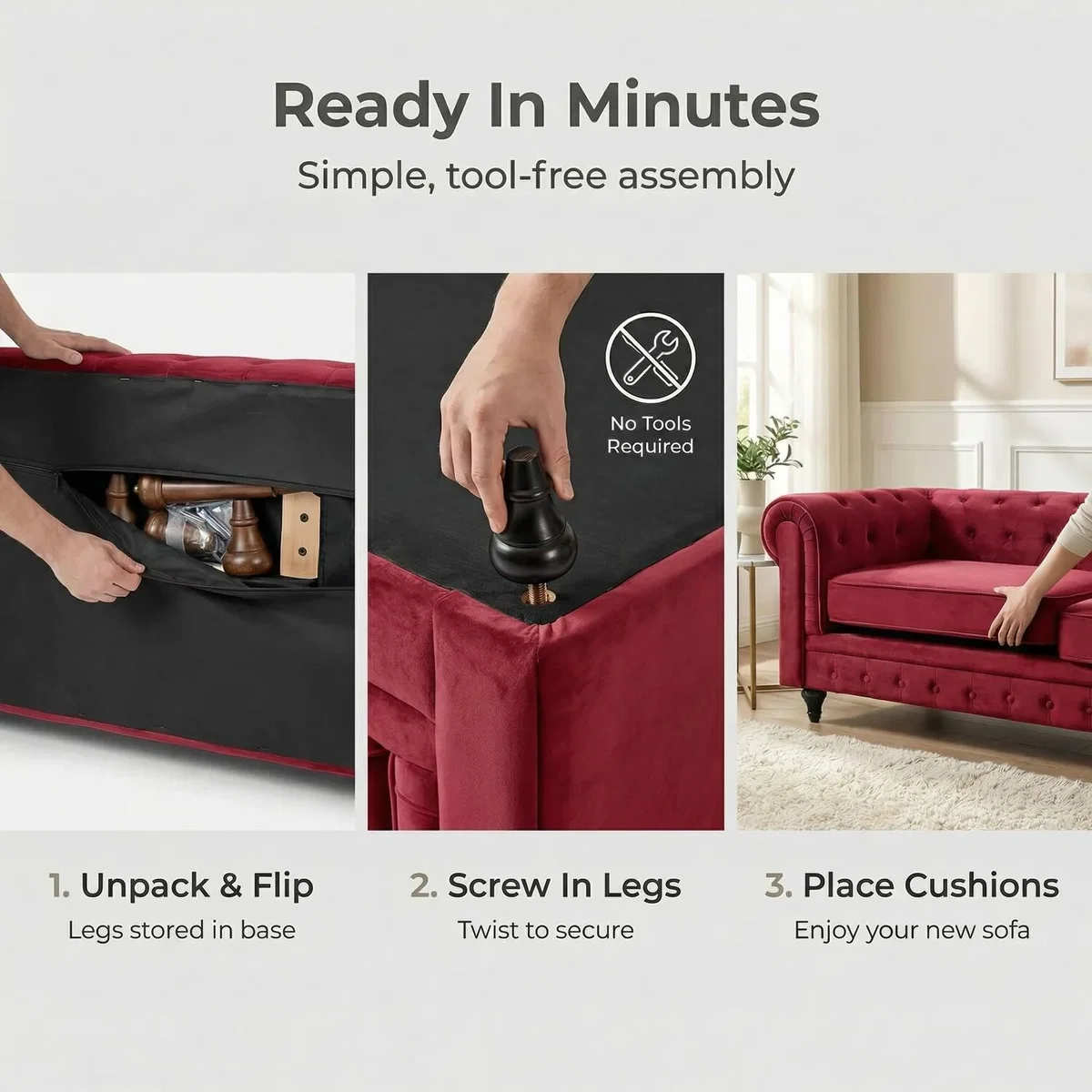Chesterfield Scroll Arm Velvet Sofa - Wine / 3 – image 4