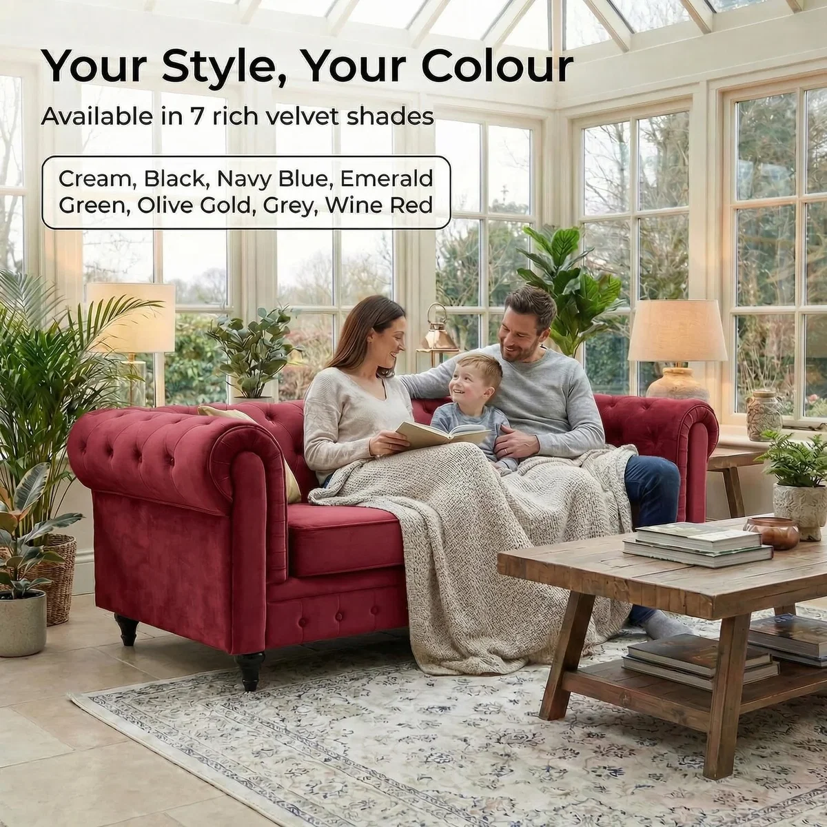 Chesterfield Scroll Arm Velvet Sofa - Wine / 3 – image 5