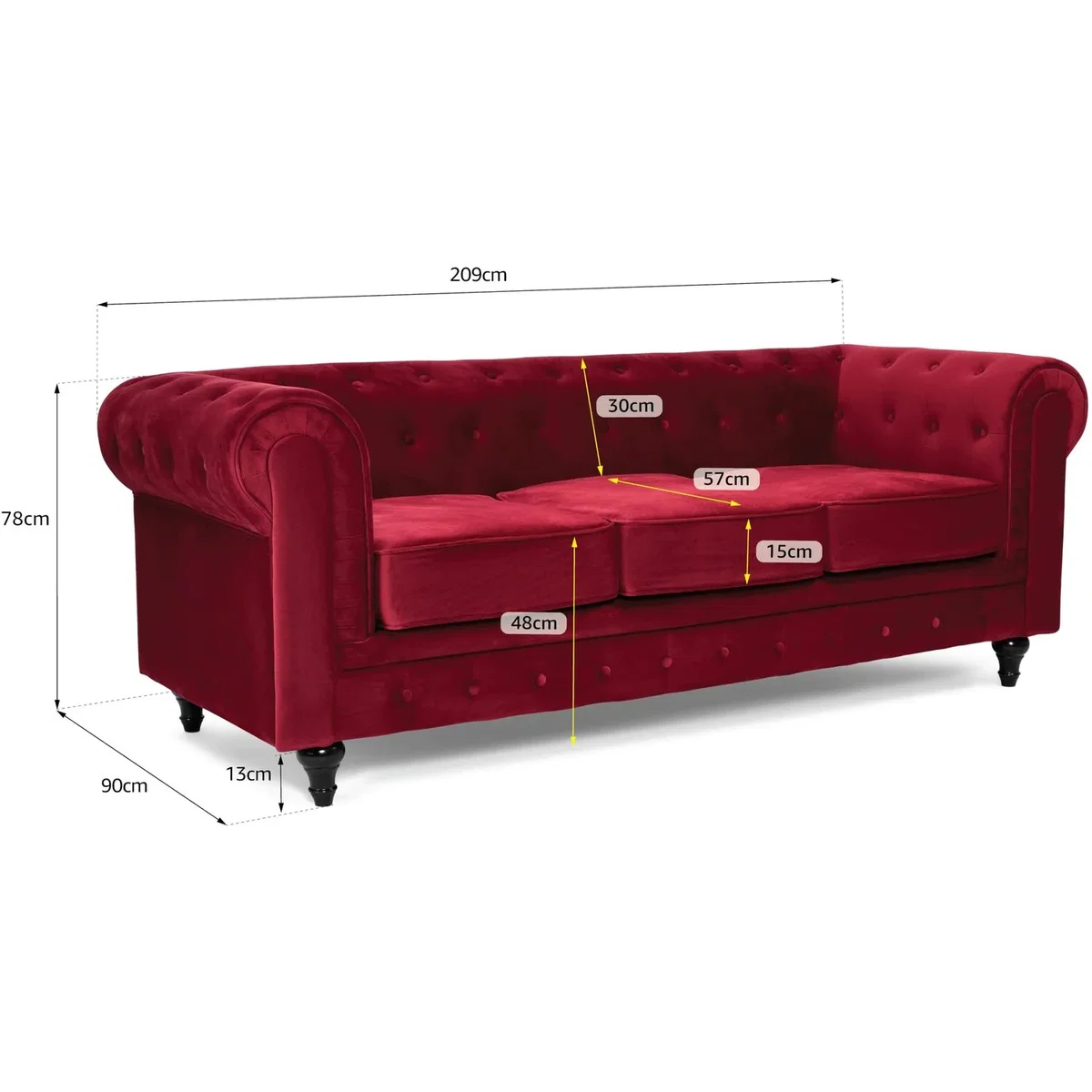 Chesterfield Scroll Arm Velvet Sofa - Wine / 3 – image 8