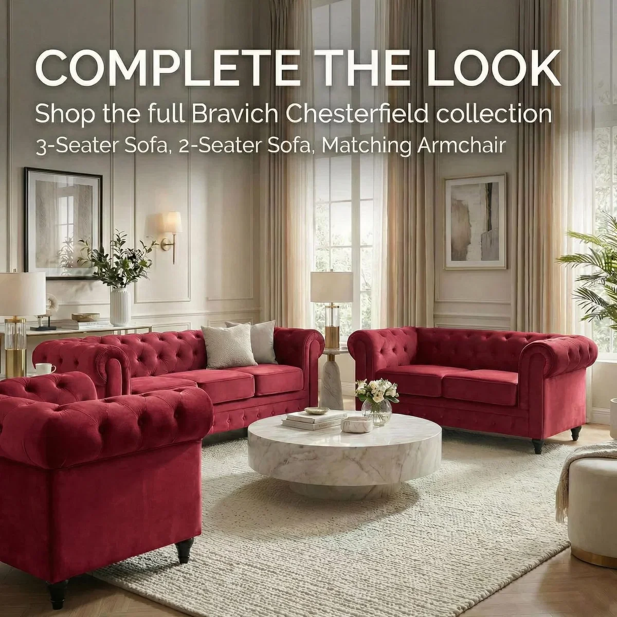 Chesterfield Scroll Arm Velvet Sofa - Wine / 3 – image 9