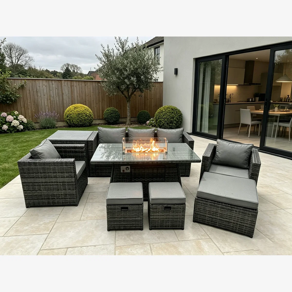 Fimous 8-Seater Rattan Sofa Set with Gas Fire Pit Dining Table, Chairs - Dark Grey