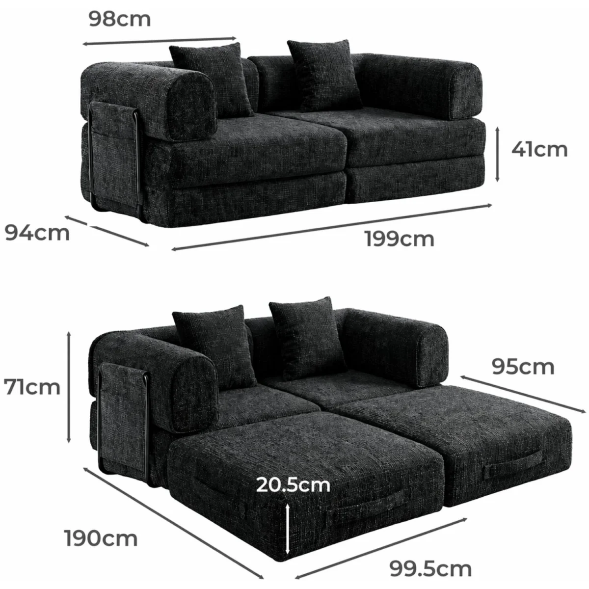 Modular Sofa Bed 3 Seater Convertible Couch Oversize Folding Washable - Grey – image 6