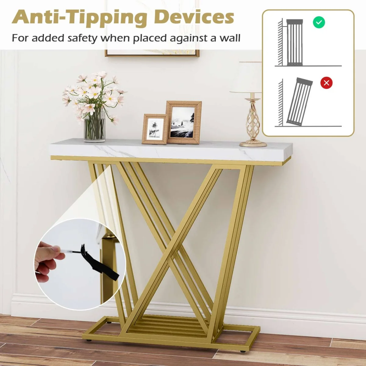 Gold Console Table Modern Sofa Table - White – image 5