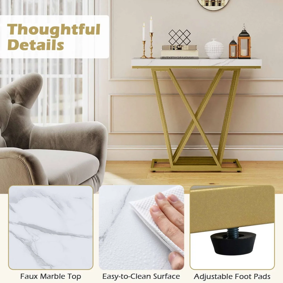 Gold Console Table Modern Sofa Table - White – image 6