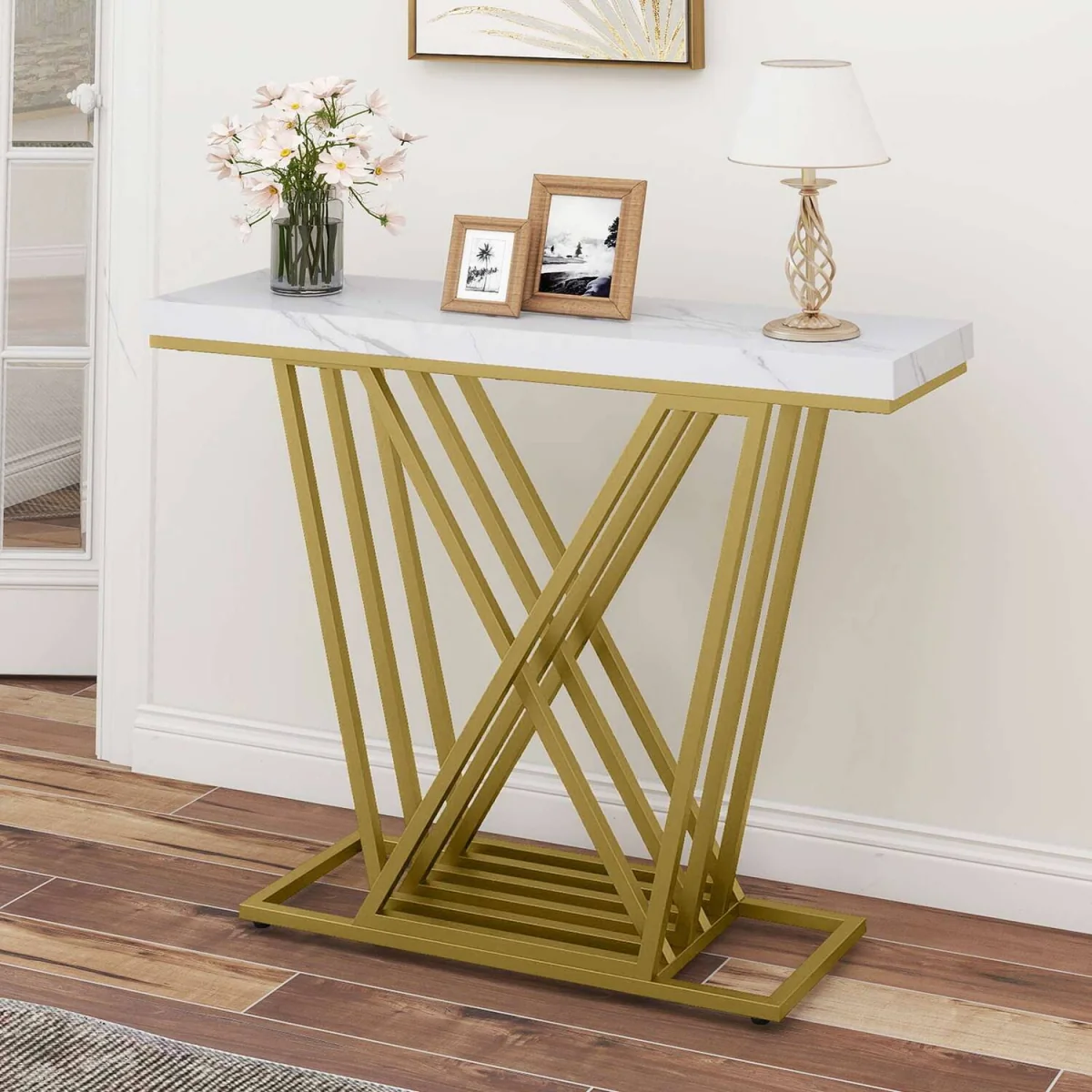 Gold Console Table Modern Sofa Table - White – image 8
