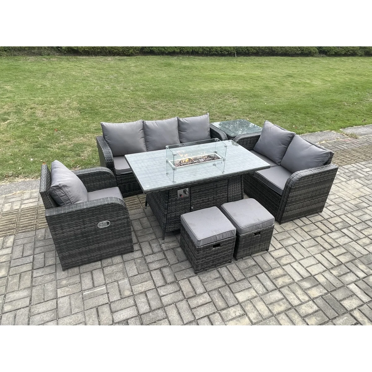 Fimous Dark Grey Rattan Patio Sofa Set with Gas Fire Pit Table, Side Table and Footstools. - Dark Grey – image 2