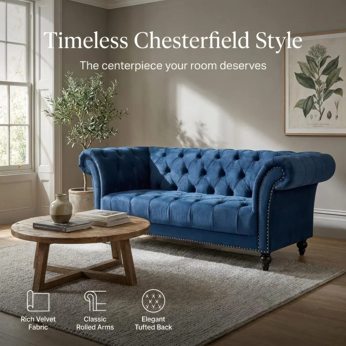 Chesterfield Rolled Arm Velvet Sofa - Blue / 3 – image 3