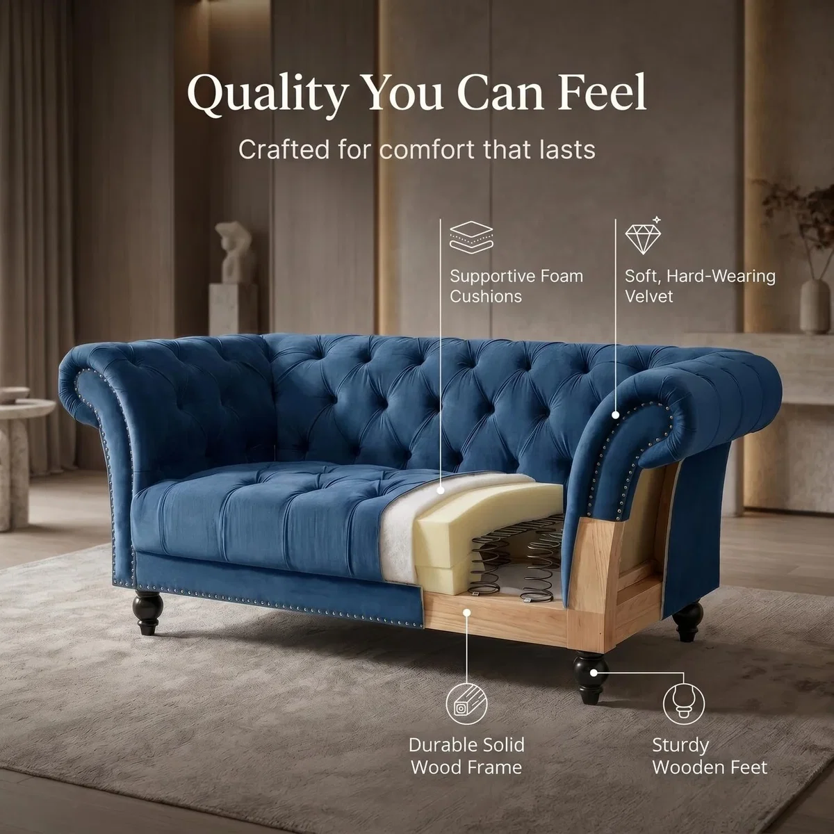 Chesterfield Rolled Arm Velvet Sofa - Blue / 3 – image 5