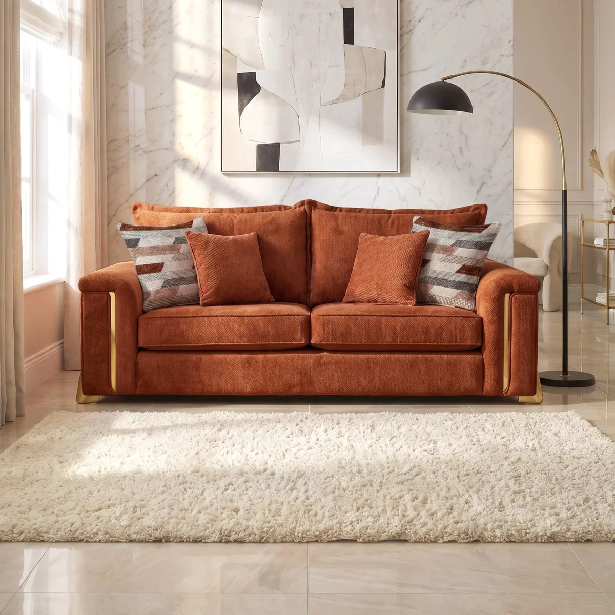 Deco Arch 3 Seater Sofa Columbus Fabric, Made in the UK - Apricot