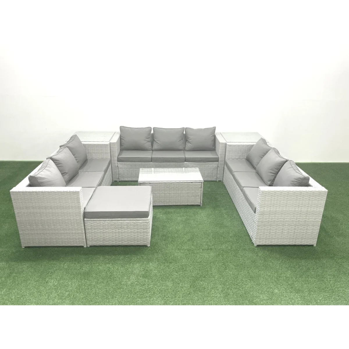 Fimous 10-Seater Rattan Sofa Set with Footstool & 2 Side Tables, Light Grey Mixed - Light Grey Mixed – image 5