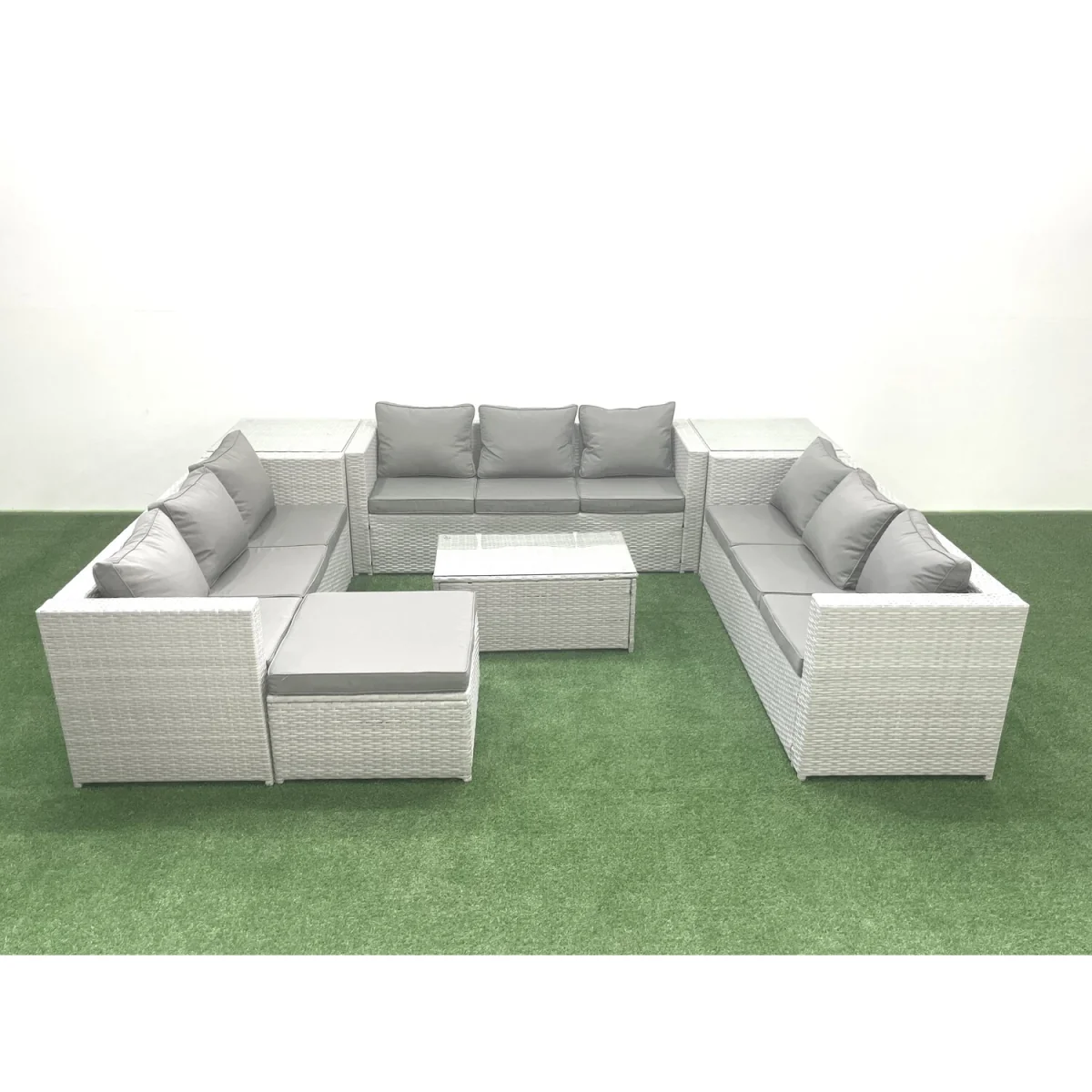 Fimous 10-Seater Rattan Sofa Set with Footstool & 2 Side Tables, Light Grey Mixed - Light Grey Mixed – image 1