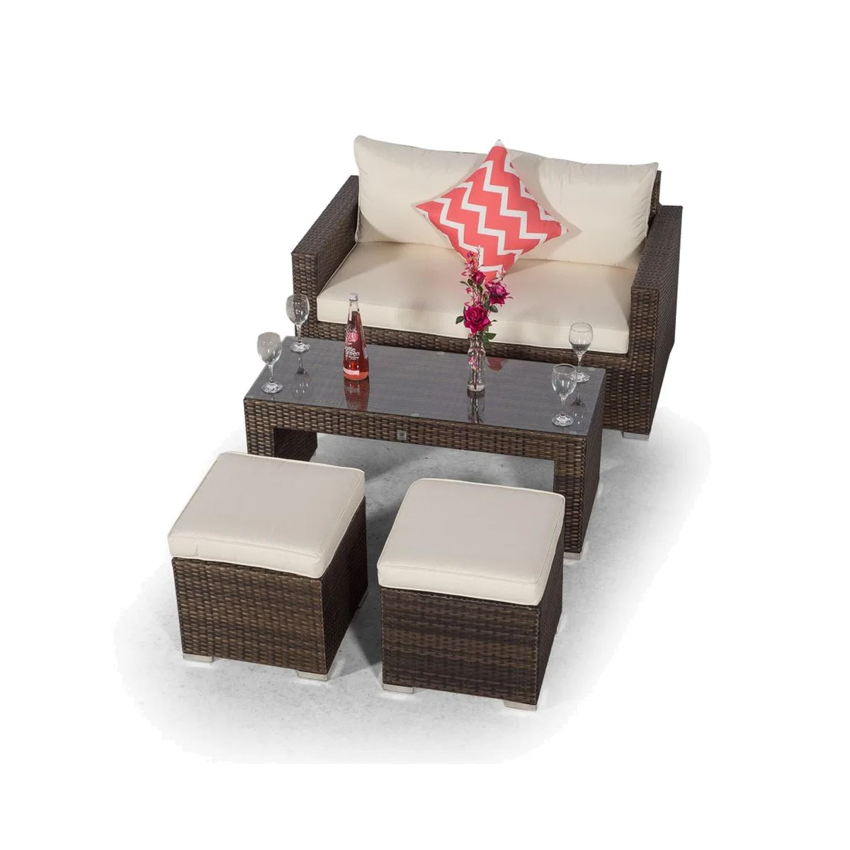 Giardino Sydney Rattan 2 Seater Sofa Set with Coffee Table and 2 Stools - Brown