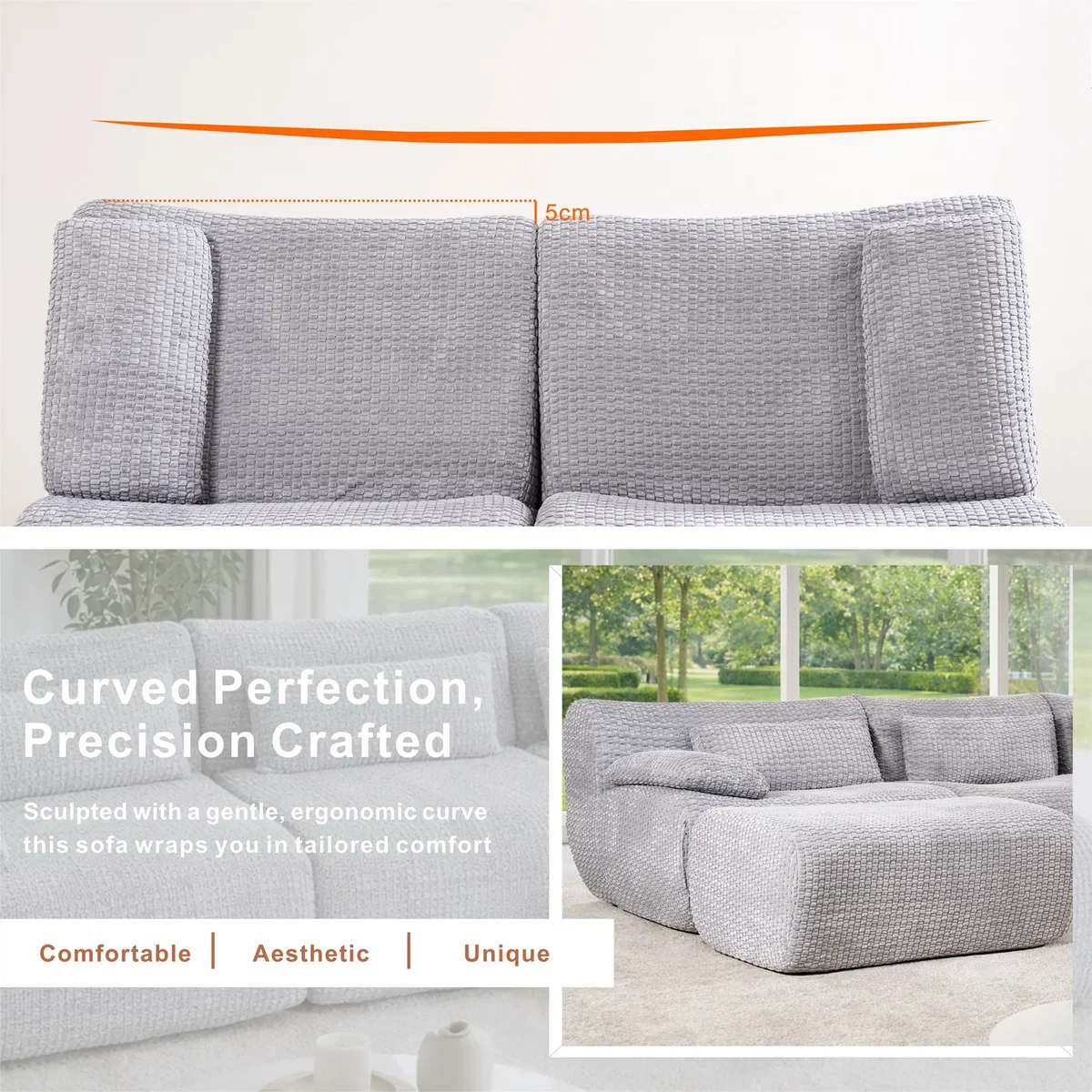 MIMO Curved Seat Design Modular Sofa Set, Corduroy Fabric - Grey – image 3