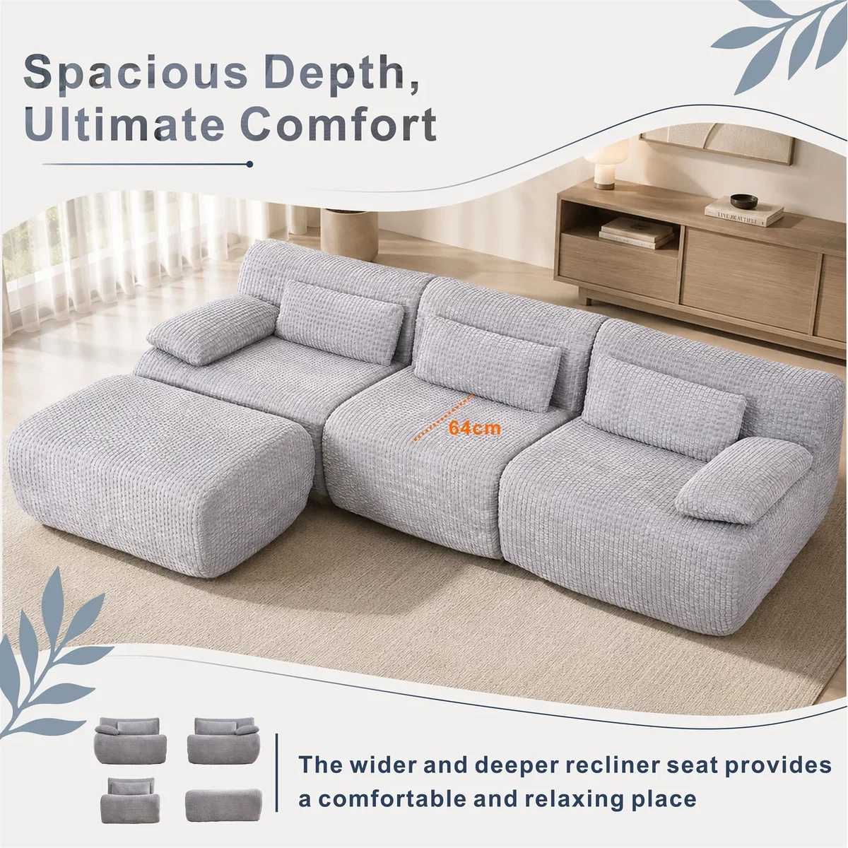 MIMO Curved Seat Design Modular Sofa Set, Corduroy Fabric - Grey – image 4