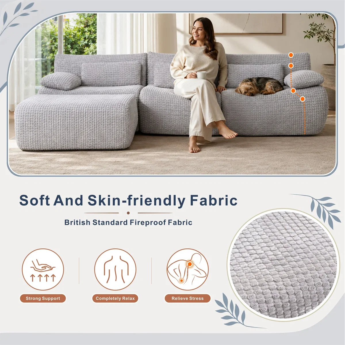 MIMO Curved Seat Design Modular Sofa Set, Corduroy Fabric - Grey – image 5