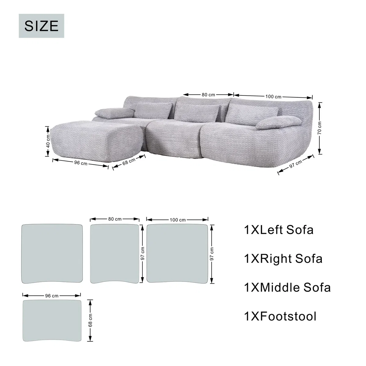 MIMO Curved Seat Design Modular Sofa Set, Corduroy Fabric - Grey – image 6