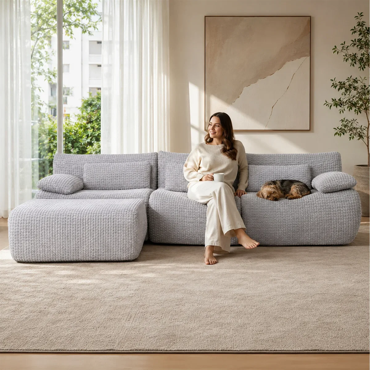 MIMO Curved Seat Design Modular Sofa Set, Corduroy Fabric - Grey – image 7