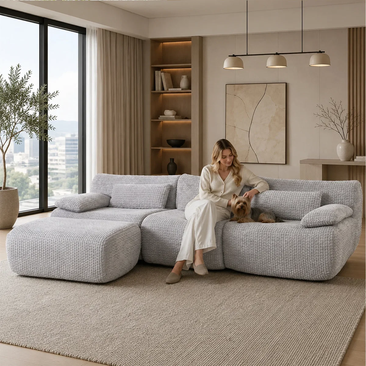 MIMO Curved Seat Design Modular Sofa Set, Corduroy Fabric - Grey – image 8