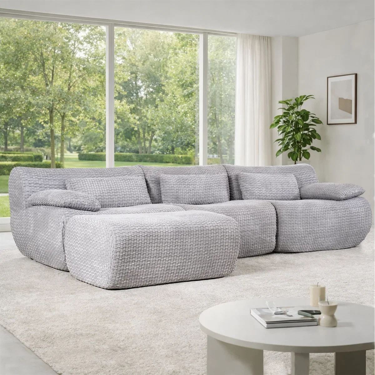 MIMO Curved Seat Design Modular Sofa Set, Corduroy Fabric - Grey – image 9