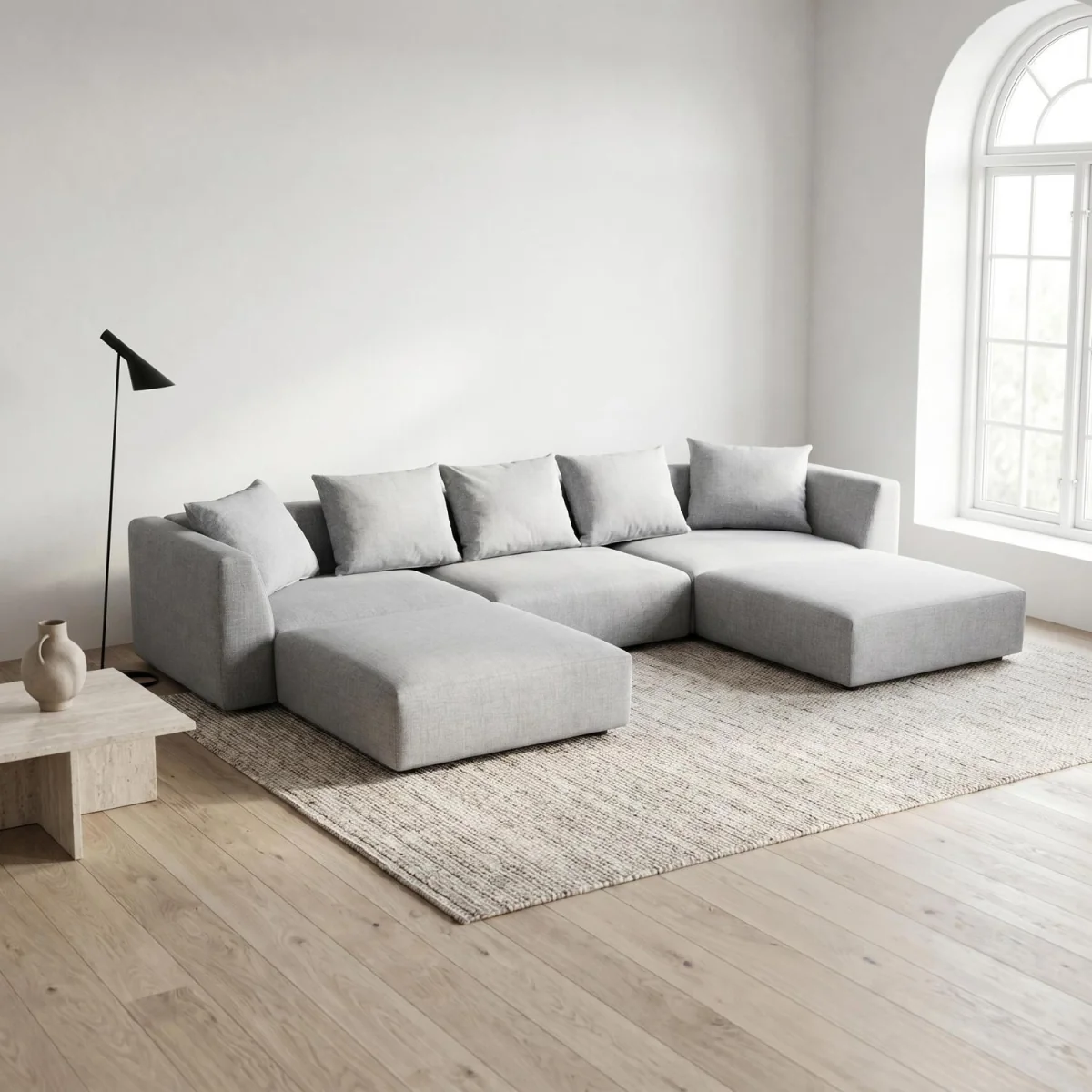 Tokyo U-Shape Modular Sofa in Light Grey Brushed Tweed Fabric with Deep Seat - Light Grey