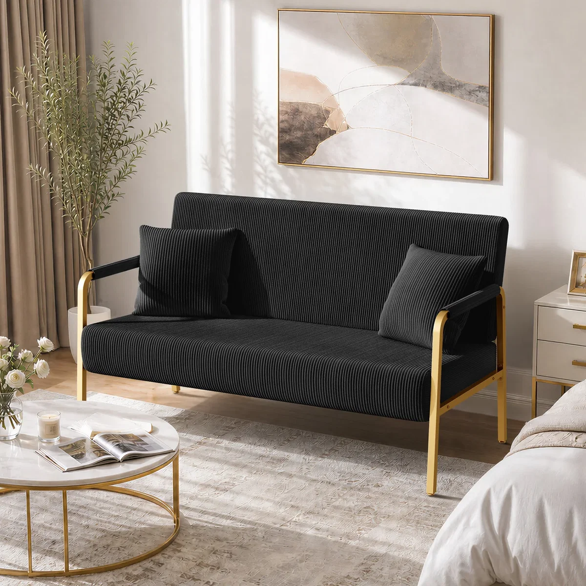 Yaheetech Corduroy 2-Seater Sofa with Gold Metal Frame - Black – image 1