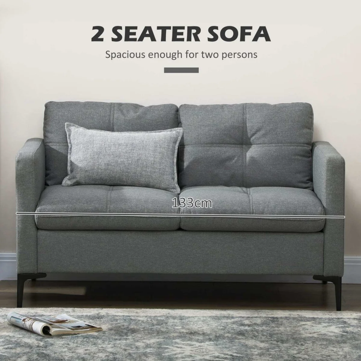 Malala Minimalist Grey Upholstered 2-Seater Sofa with Steel Legs – image 4