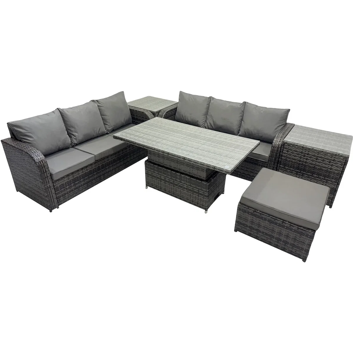 Fimous 7-Seater PE Rattan Patio Sofa Set with Rising Dining Table and 2 Side Tables Dark Grey Mixed - Dark Grey Mixed – image 5