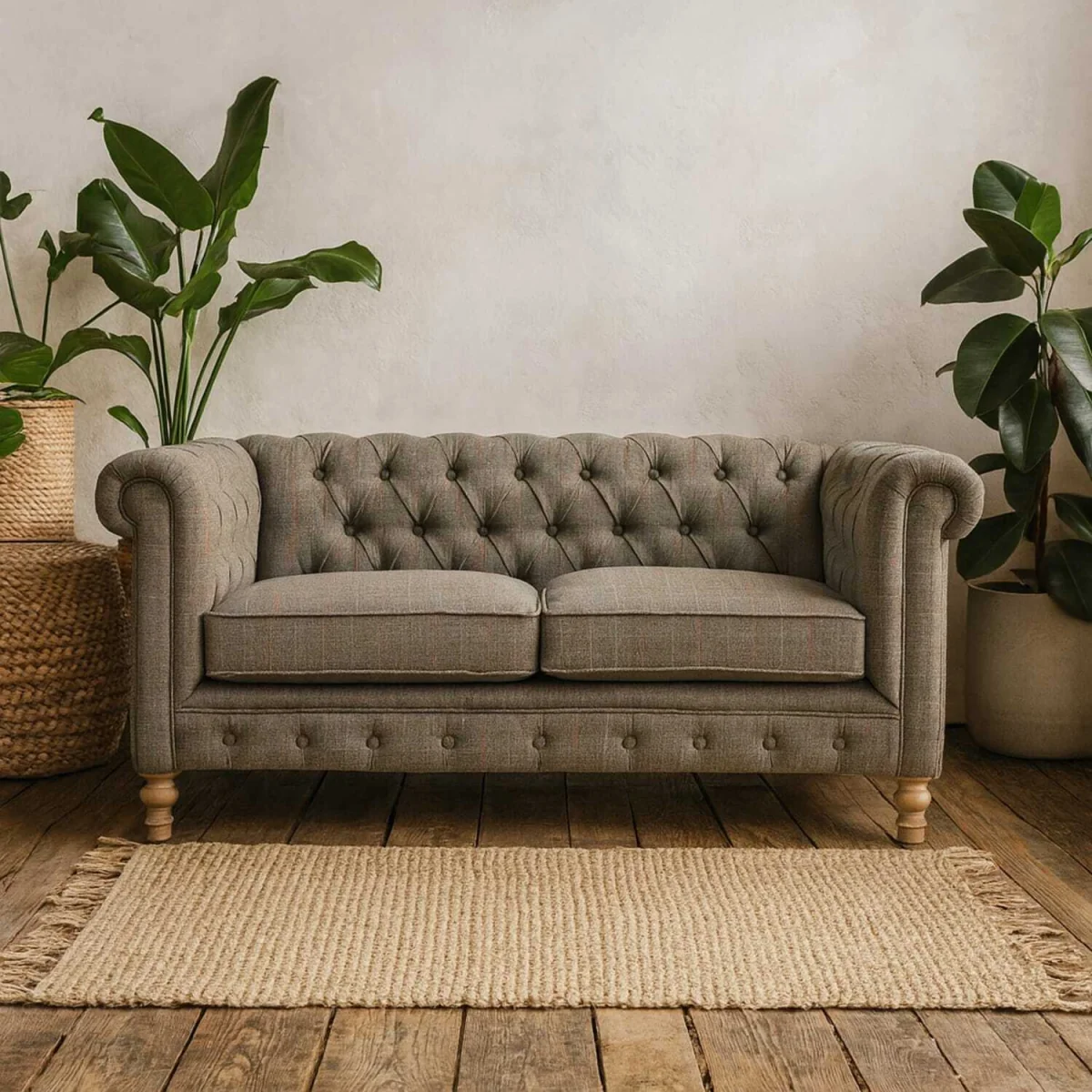 Capri 2 Seat Chesterfield Sofa Multi Tweed Solid Mango Wood Frame - Brown – image 1