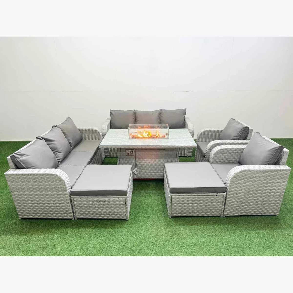 Fimous PE Rattan High-Back Sofa Set with Firepit Table, 3-Seater & Recliner - Light Grey – image 1