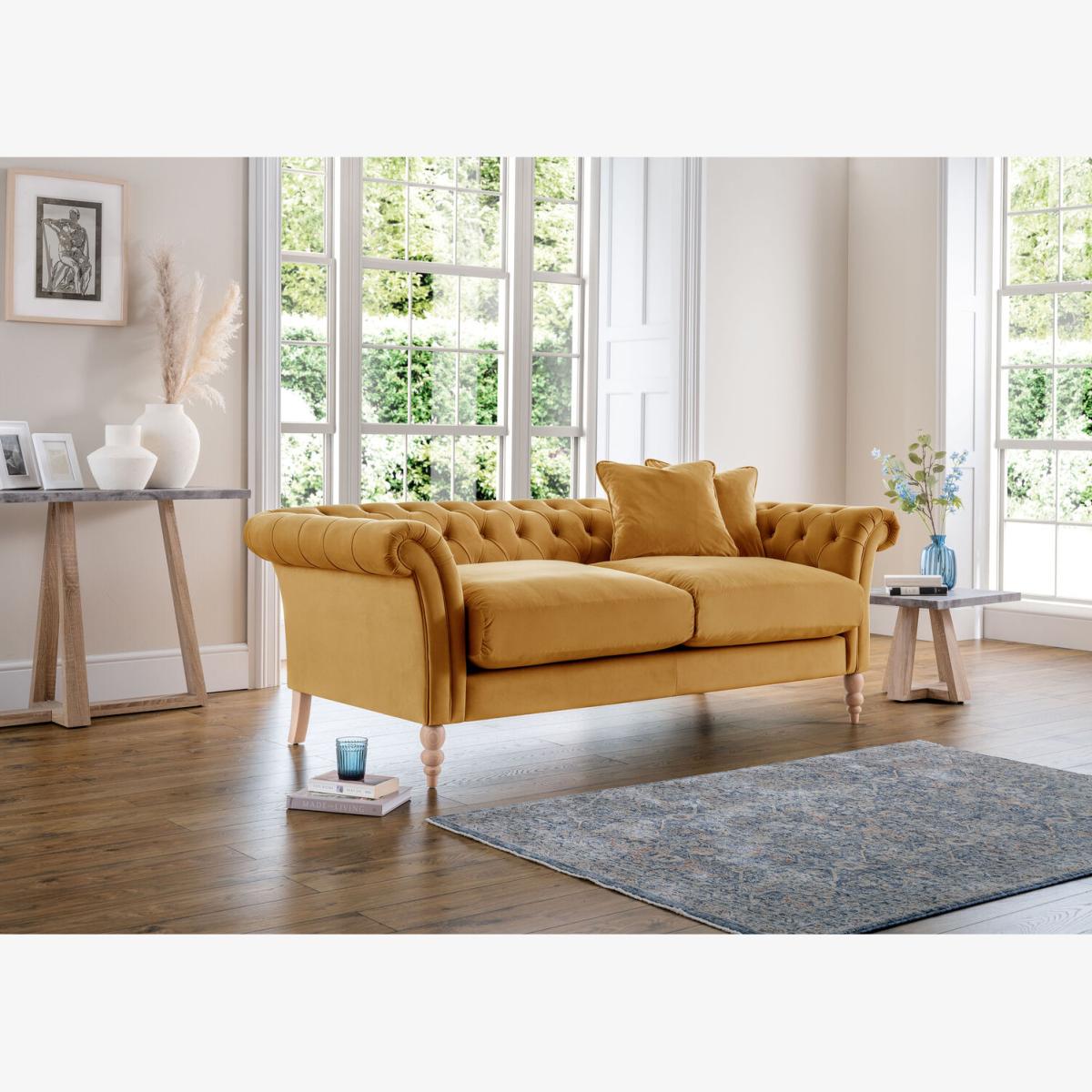 Olivia 3 Seater Velvet Chesterfield Sofa - Mustard