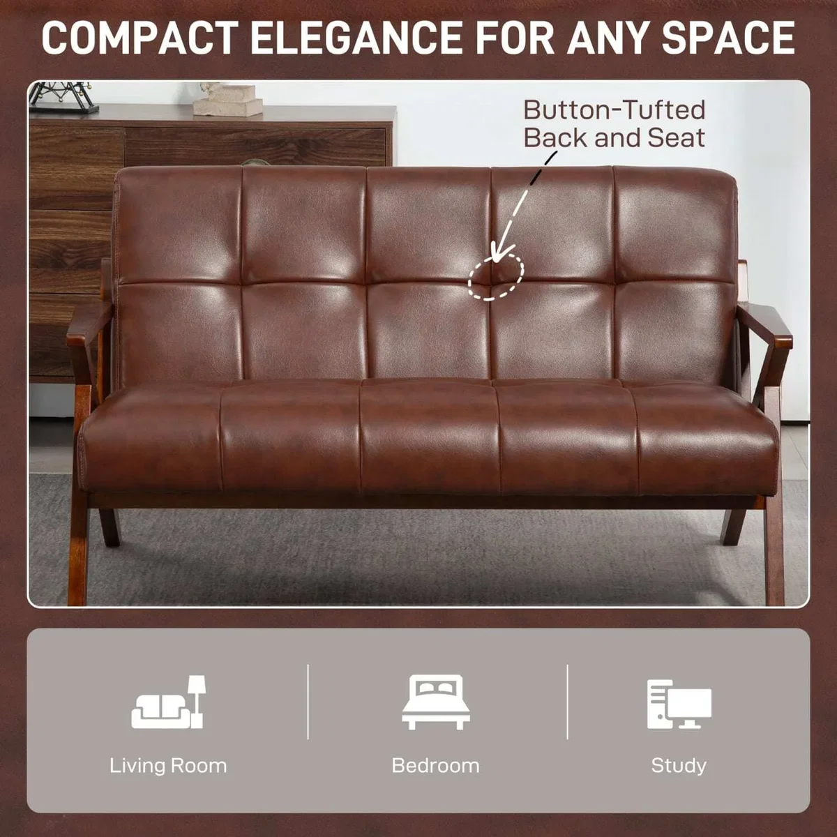 Kara Faux Leather Brown Compact 2-Seater Sofa with Tufted Back – image 2