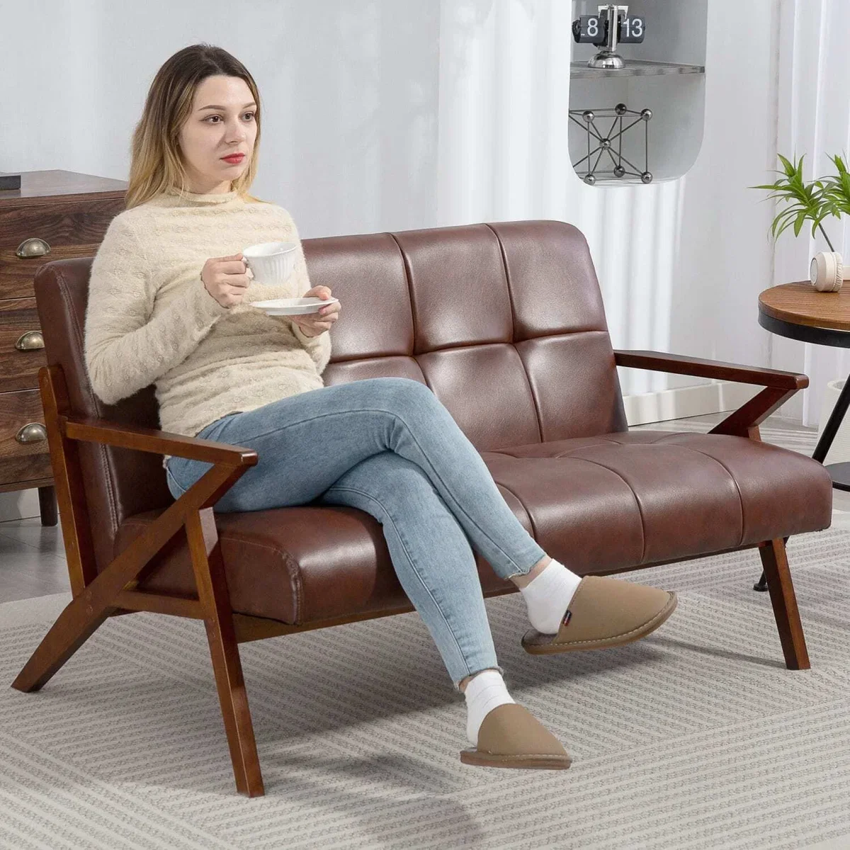 Kara Faux Leather Brown Compact 2-Seater Sofa with Tufted Back – image 4